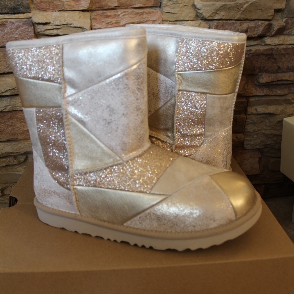 NEW GIRL'S  UGG PATCHWORK Metallic‎ Leather Short Boots GOLD
